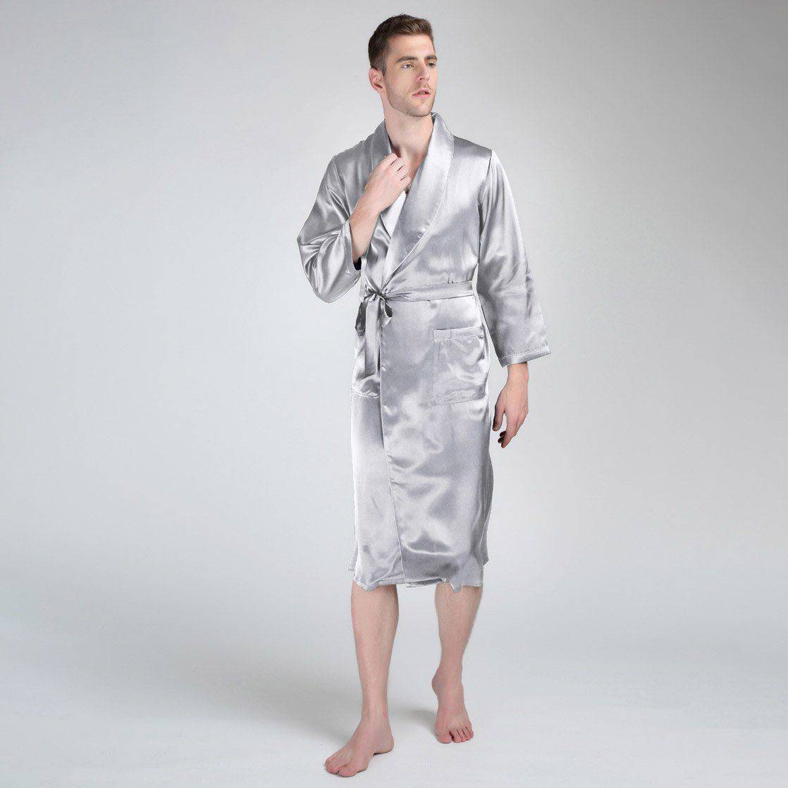 Long Silk Robe For Men Big And Tall Silk Dressing Gown Silver Gray XS