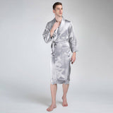 Long Silk Robe For Men Big And Tall Silk Dressing Gown Silver Gray XS