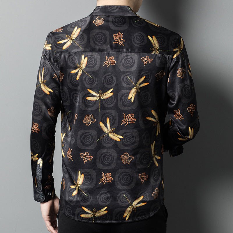 Long Sleeve Silk Shirts for Men Silk Dragonfly Print Dress Shirt Black XS