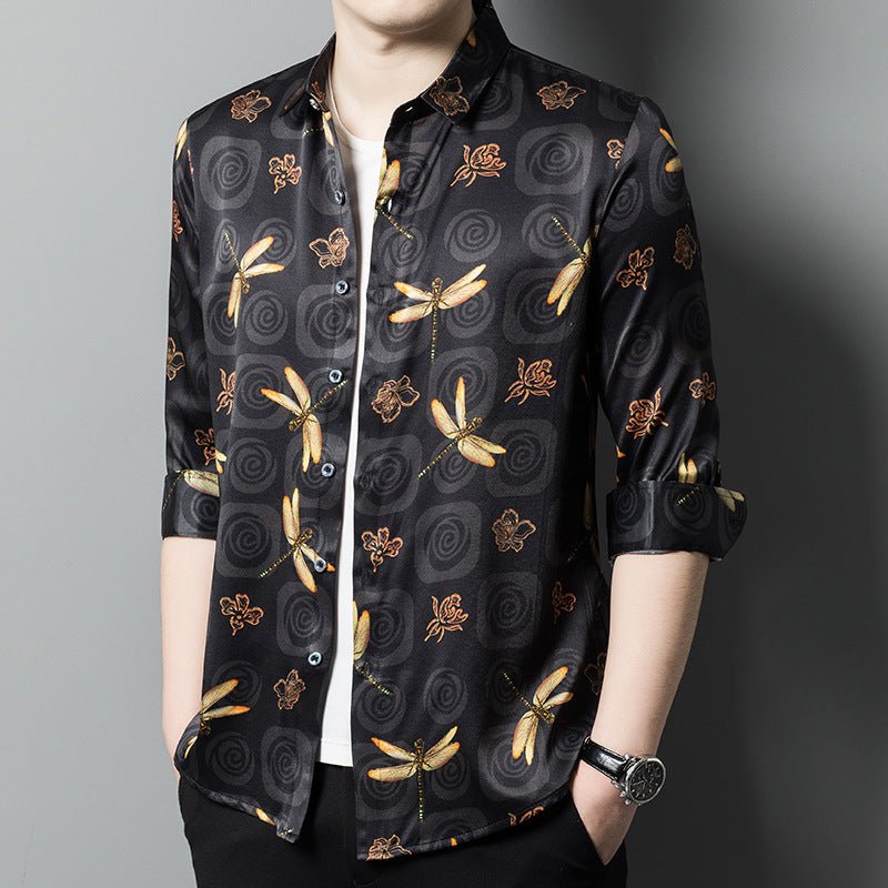 Long Sleeve Silk Shirts for Men Silk Dragonfly Print Dress Shirt Black XS