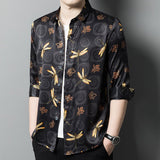 Long Sleeve Silk Shirts for Men Silk Dragonfly Print Dress Shirt Black XS