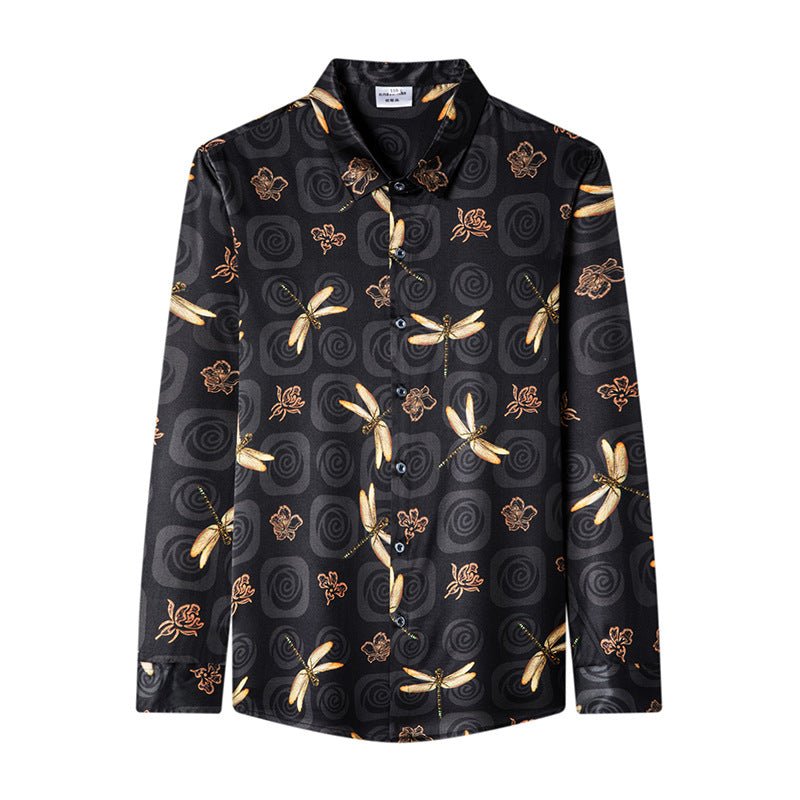 Long Sleeve Silk Shirts for Men Silk Dragonfly Print Dress Shirt Black XS