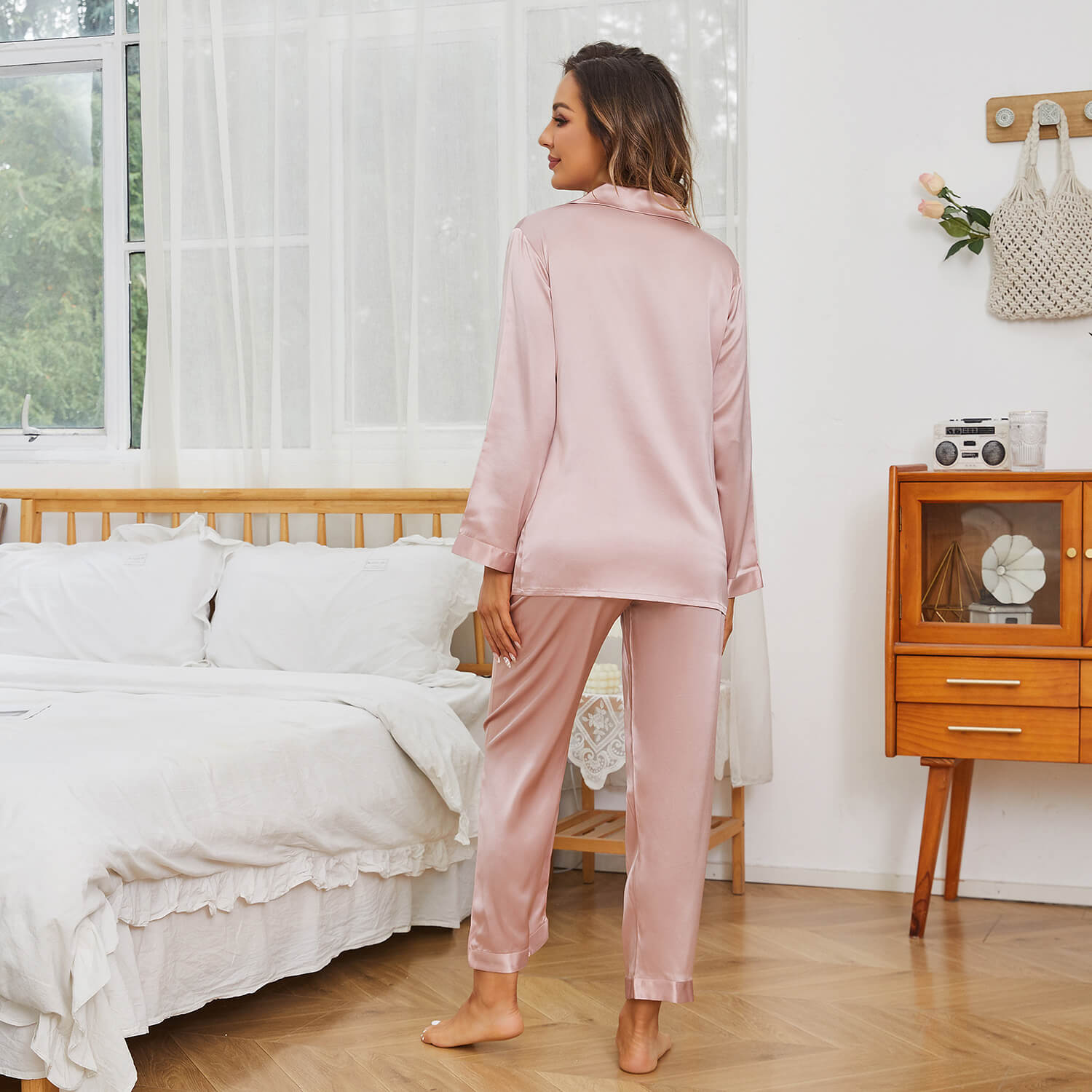 Classic Silk Pajama Set Long Sleeve Silk Pajamas for Women Pink Silk Pajamas Rosy Pink XS