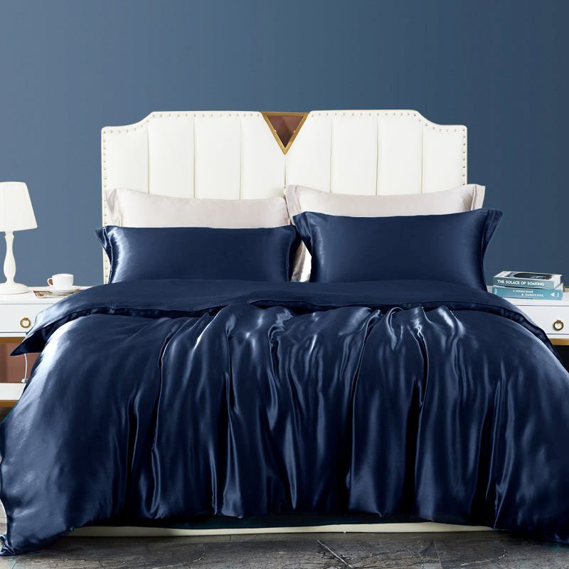 19 Momme 100% Pure Mulberry Silk Duvet Cover with Hidden Zipper Closure Navy Blue Twin (67"W x 87"L)