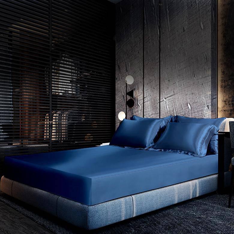 Luxury 100% Silk Bedding 19 Momme 3PCS Silk Fitted Sheet Set Navy Blue Twin (39"x75"+16")