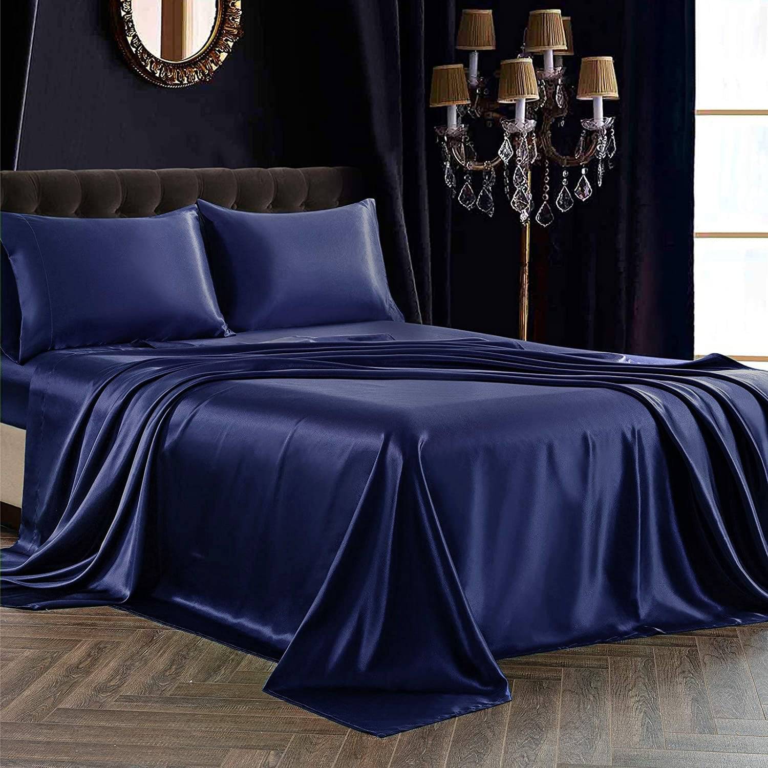 Luxury 100% Silk Bedding 22 Momme Mulberry 1 Pcs Silk Flat Sheet Navy Blue Twin (66"x96")