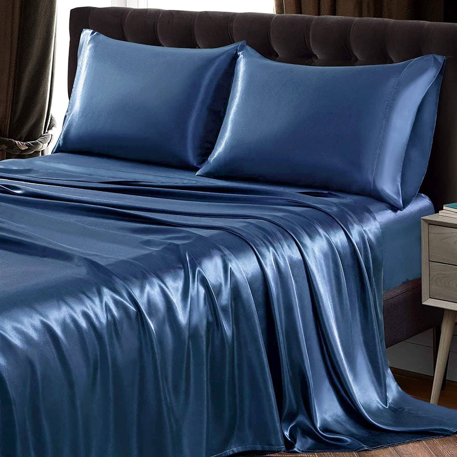 Luxury 100% Silk Sheet Set 19 Momme 3PCS Silk Flat Sheet Set Navy Blue Twin (66"x96")