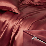 19 Momme 4 PCS Silk Duvet Cover Set with Flat Sheet Breathable Silk Bedding Rust Red Twin