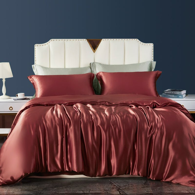 19 Momme 4 PCS Silk Duvet Cover Set with Flat Sheet Breathable Silk Bedding Rust Red Twin