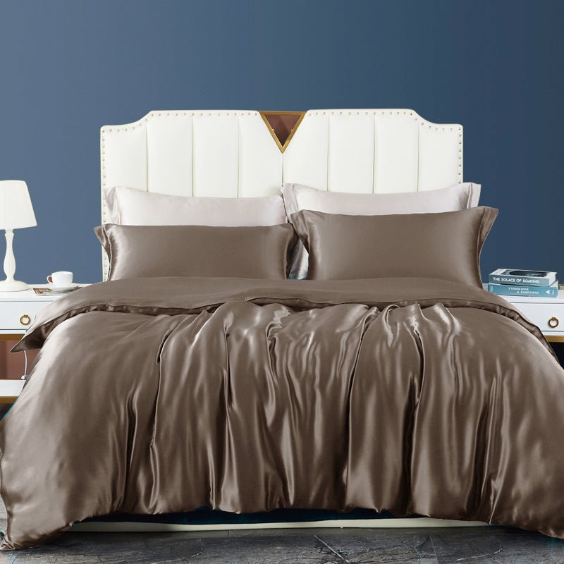 19 Momme 4 PCS Silk Duvet Cover Set with Flat Sheet Breathable Silk Bedding Silver Gray Twin