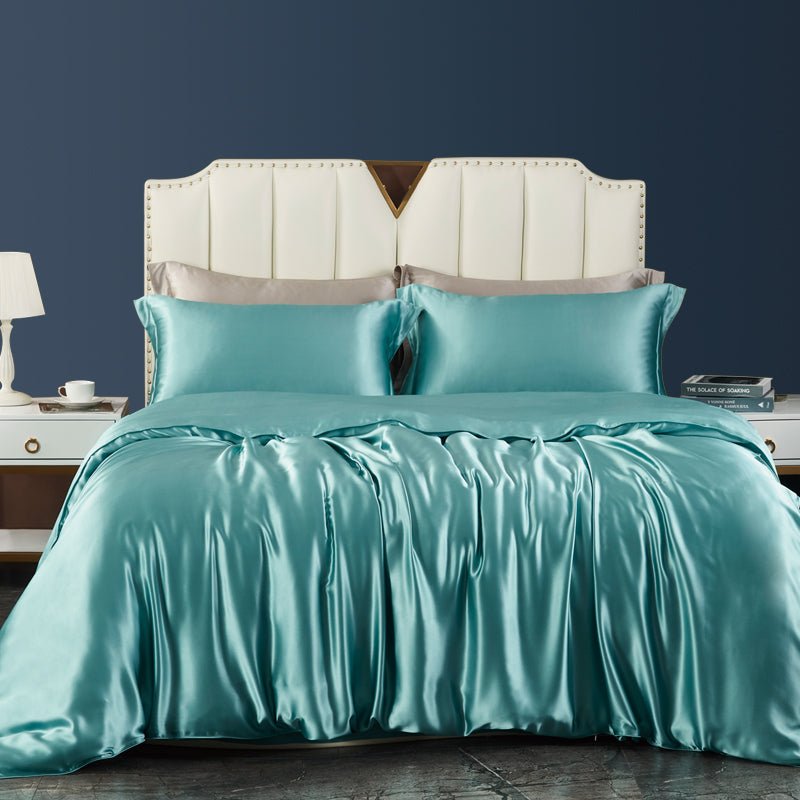 19 Momme 4 PCS Silk Duvet Cover Set with Flat Sheet Breathable Silk Bedding Silver Gray Twin