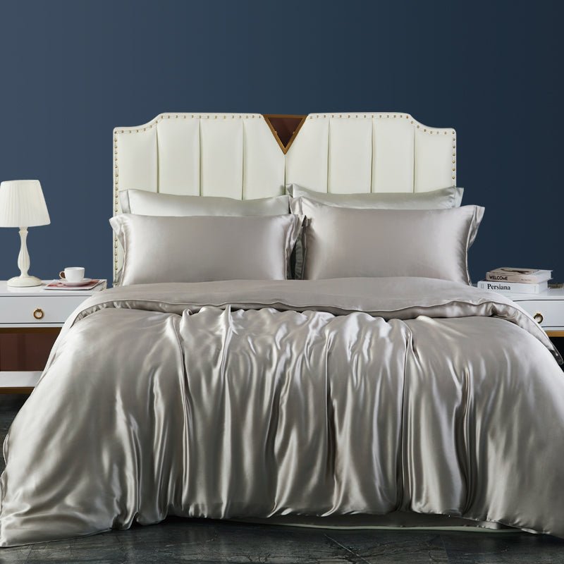 19 Momme 4 PCS Silk Duvet Cover Set with Flat Sheet Breathable Silk Bedding Silver Gray Twin