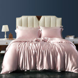 19 Momme 4 PCS Silk Duvet Cover Set with Flat Sheet Breathable Silk Bedding Rosy Pink Twin