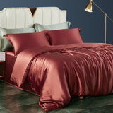 19 Momme 4 PCS Silk Duvet Cover Set with Flat Sheet Breathable Silk Bedding Rust Red Twin