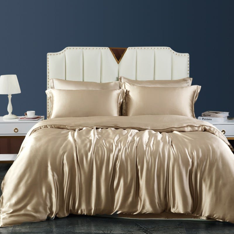 19 Momme 4 PCS Silk Duvet Cover Set with Flat Sheet Breathable Silk Bedding Champagne Twin