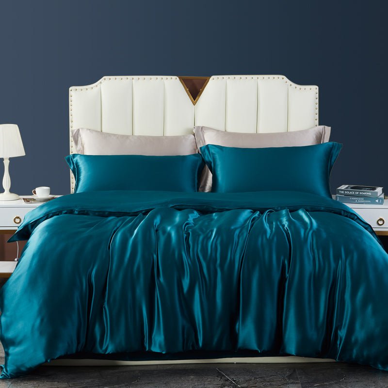 19 Momme 4 PCS Silk Duvet Cover Set with Flat Sheet Breathable Silk Bedding Dark Teal Twin