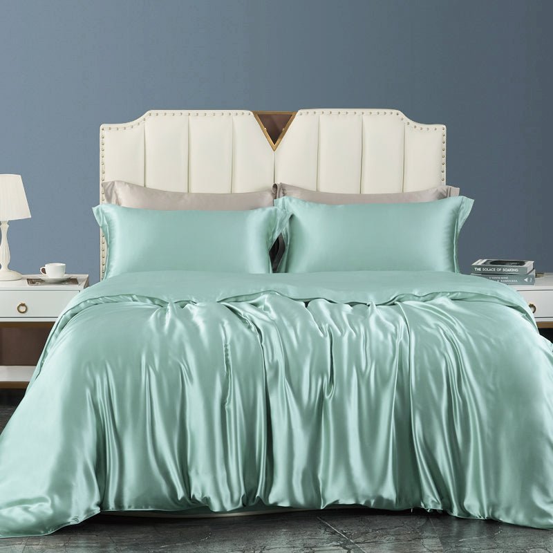 19 Momme 4 PCS Silk Duvet Cover Set with Flat Sheet Breathable Silk Bedding Pale Turquoise Twin