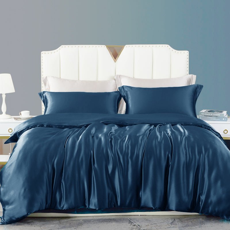 Luxury Silk Bedding Sets 19 Momme 3PCS Duvet Cover Set Navy Blue Twin