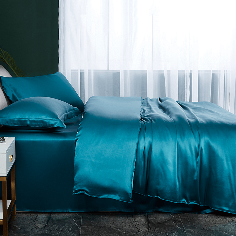 Luxury Silk Bedding Sets 19 Momme 3PCS Duvet Cover Set Dark Teal Twin
