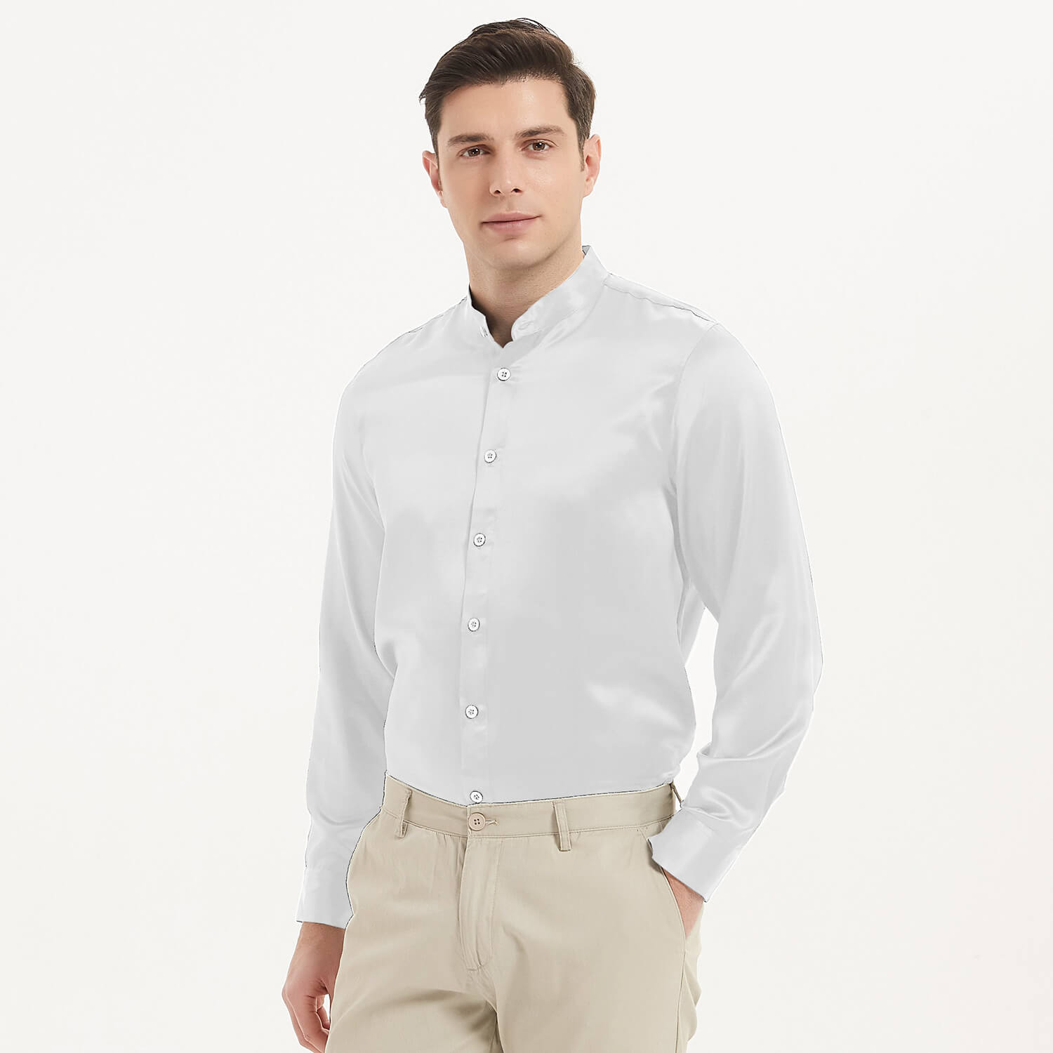 Luxury Silk Shirt For Men Collarless Long Sleeve silk tops
