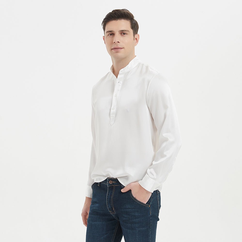 Luxury Silk Henley Shirts For Men Pure Silk Stand Collar Top
