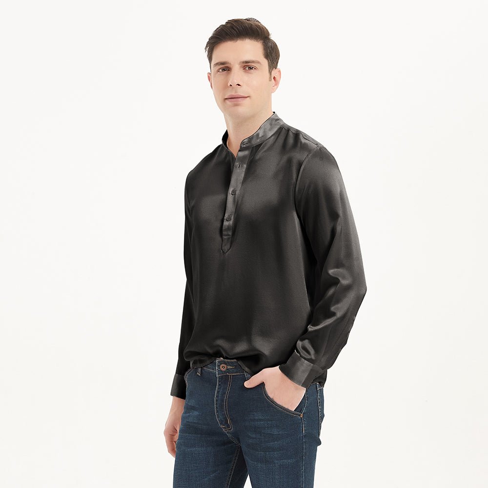 Luxury Silk Henley Shirts For Men Pure Silk Stand Collar Top