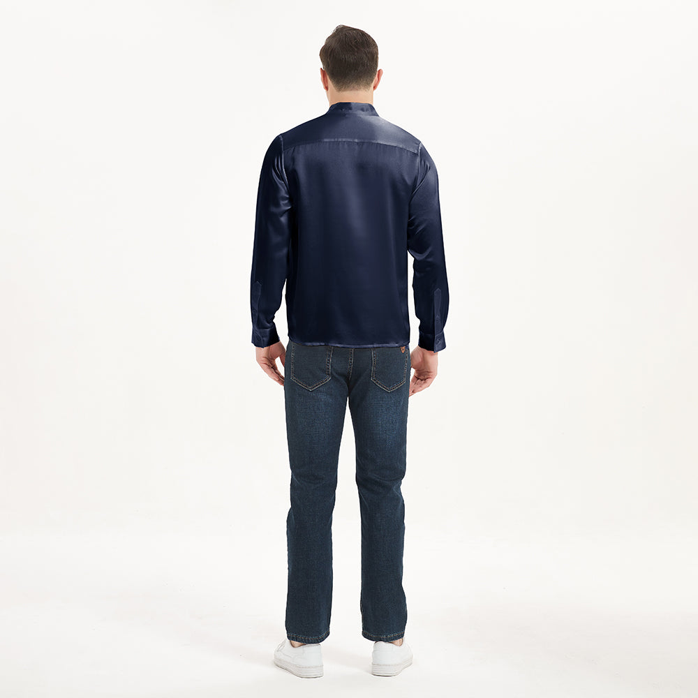 Luxury Silk Henley Shirts For Men Pure Silk Stand Collar Top