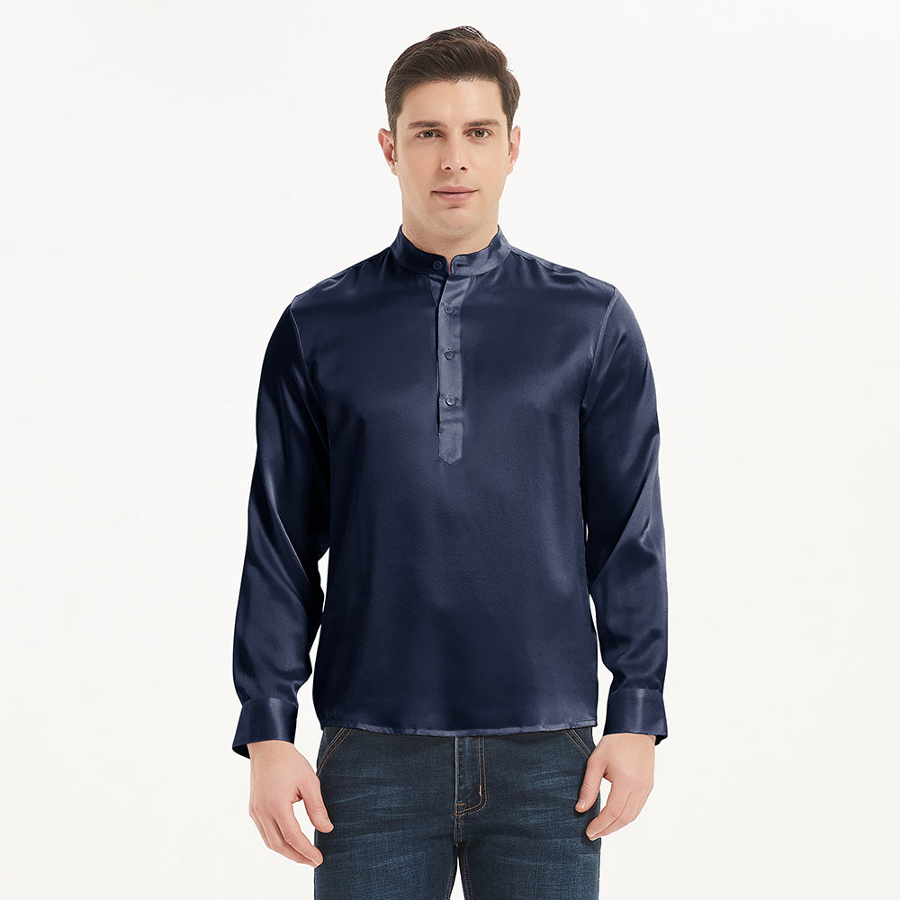 Luxury Silk Henley Shirts For Men Pure Silk Stand Collar Top