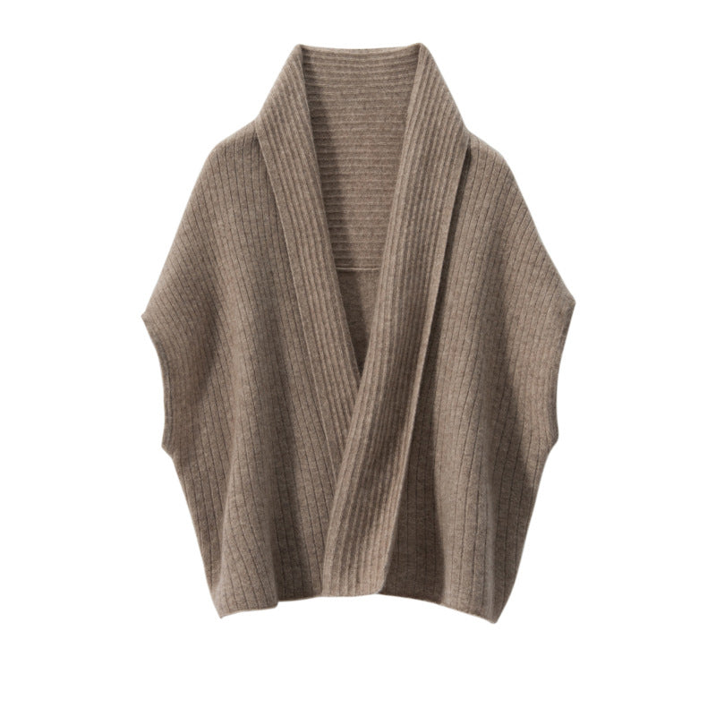 Womens Cashmere Ribbed Knit Shawl Vest Open Front Cape Taupe M