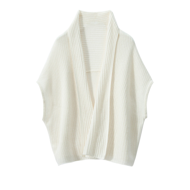 Womens Cashmere Ribbed Knit Shawl Vest Open Front Cape Ivory M