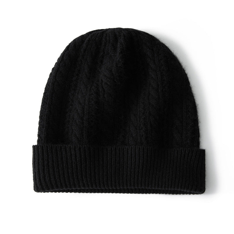 Unisex Cable Knit Cashmere Beanie Hat Ribbed Cuff Foldover Hat Black M