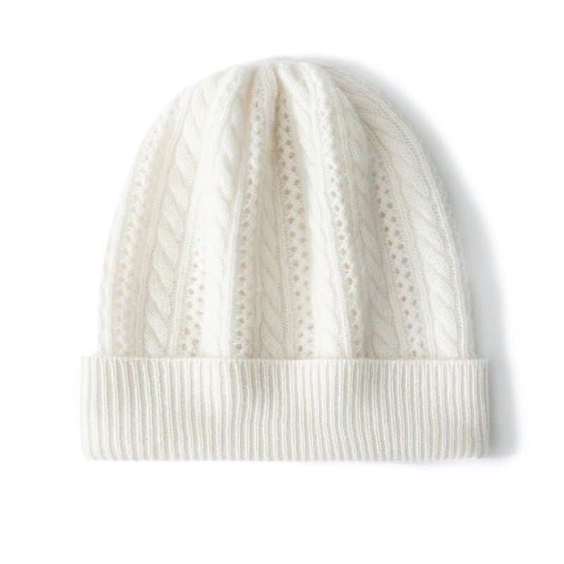 Unisex Cable Knit Cashmere Beanie Hat Ribbed Cuff Foldover Hat Ivory M
