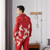 Men Crane Print Long Silk Pajamas Set Pure Silk Sleepwear Red S