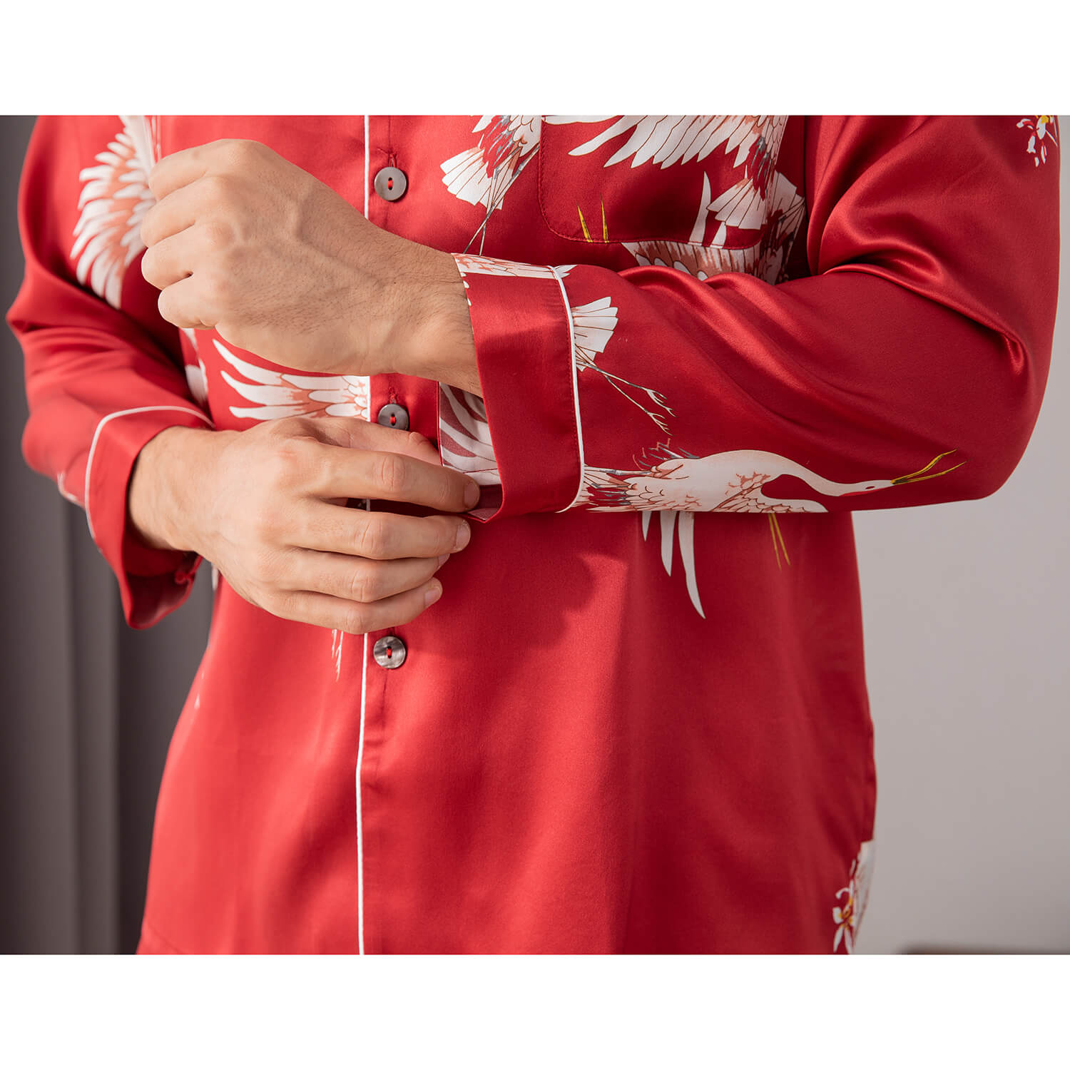 Men Crane Print Long Silk Pajamas Set Pure Silk Sleepwear Red XS