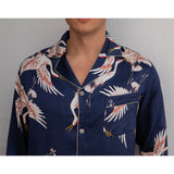 Men Crane Print Long Silk Pajamas Set Pure Silk Sleepwear Red XS