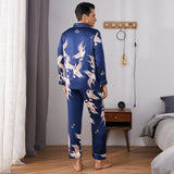 Men Crane Print Long Silk Pajamas Set Pure Silk Sleepwear Navy Blue M