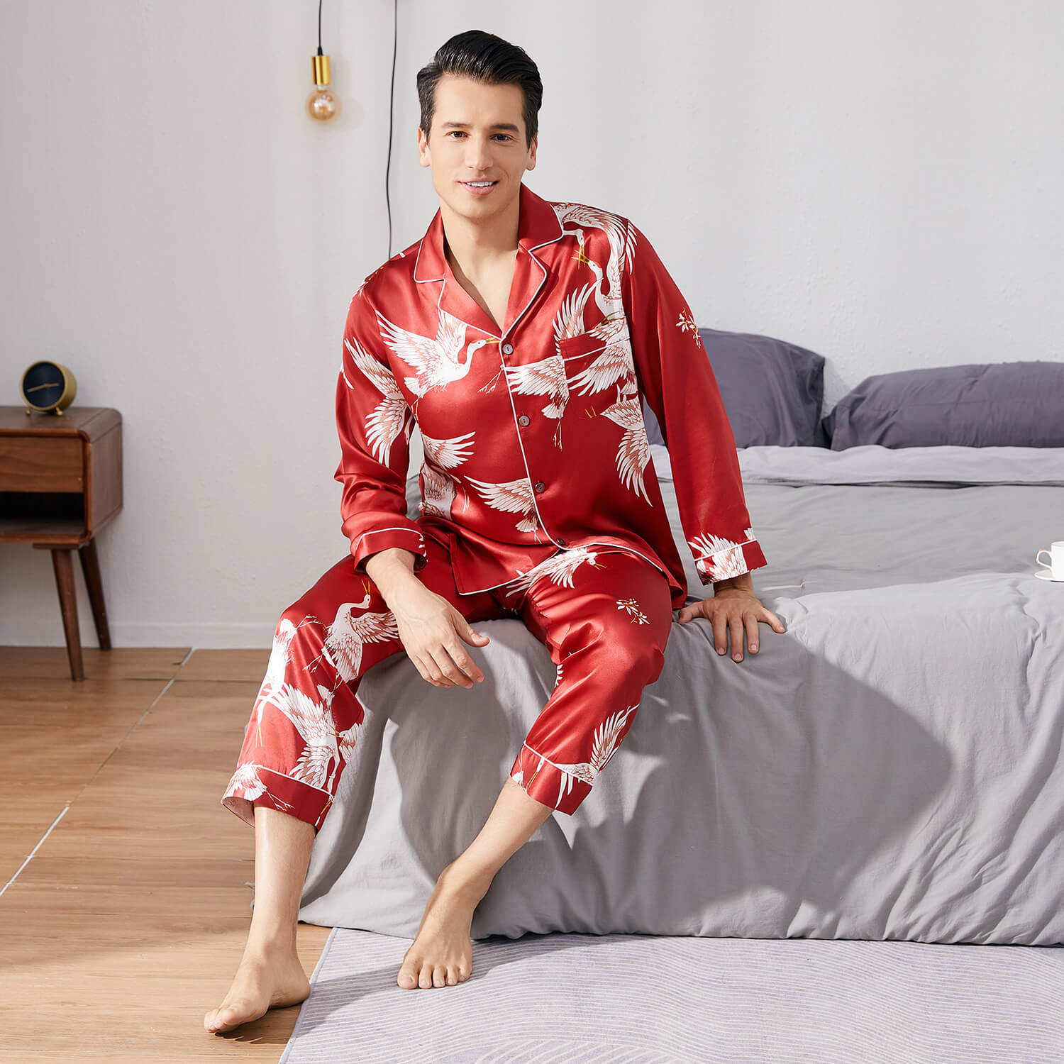 Men Crane Print Long Silk Pajamas Set Pure Silk Sleepwear Red S