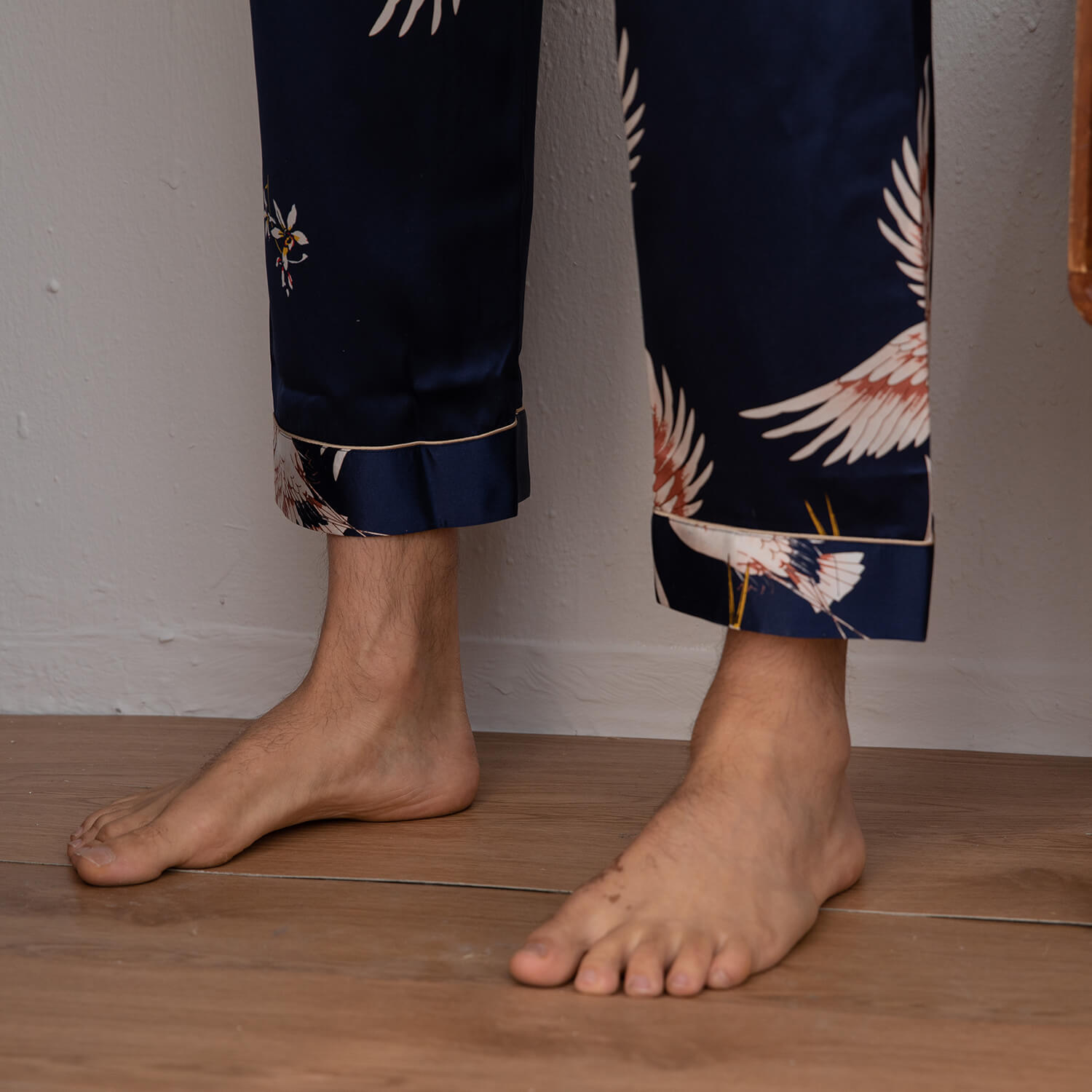 Men Crane Print Long Silk Pajamas Set Pure Silk Sleepwear Red XS