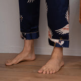 Men Crane Print Long Silk Pajamas Set Pure Silk Sleepwear Red XS