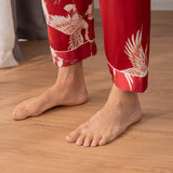 Men Crane Print Long Silk Pajamas Set Pure Silk Sleepwear Red XS