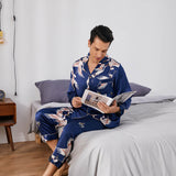 Men Crane Print Long Silk Pajamas Set Pure Silk Sleepwear Red XS