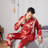 Men Crane Print Long Silk Pajamas Set Pure Silk Sleepwear Red S