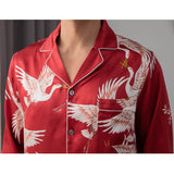 Men Crane Print Long Silk Pajamas Set Pure Silk Sleepwear Red XS