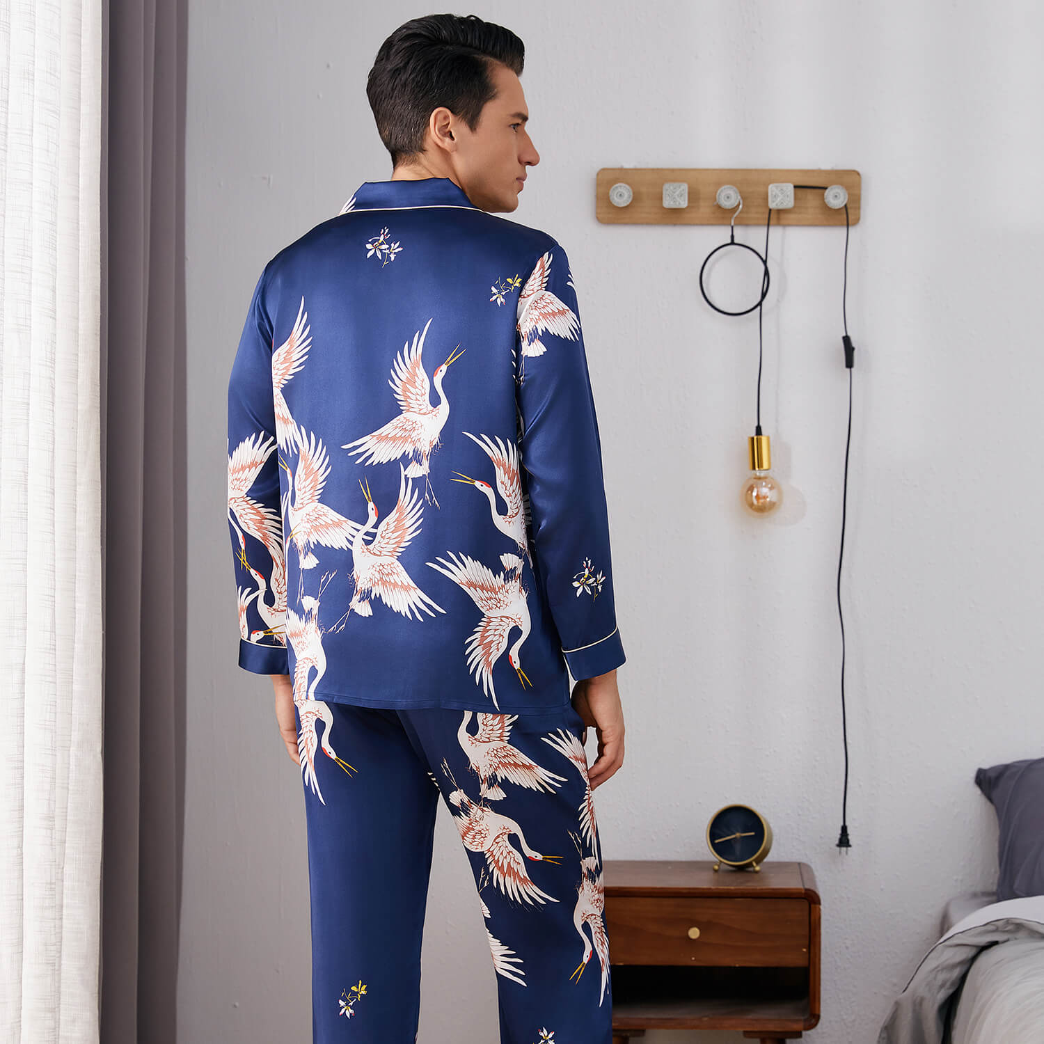 Men Crane Print Long Silk Pajamas Set Pure Silk Sleepwear Red XS