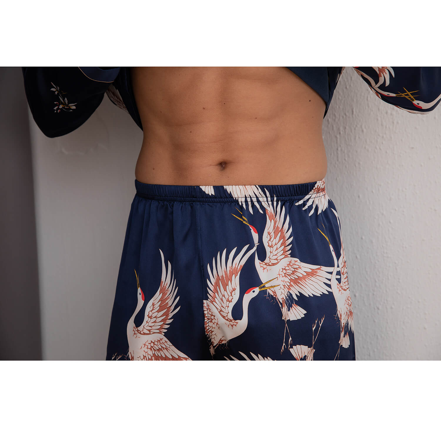 Men Crane Print Long Silk Pajamas Set Pure Silk Sleepwear Red XS