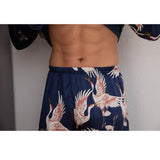 Men Crane Print Long Silk Pajamas Set Pure Silk Sleepwear Red XS