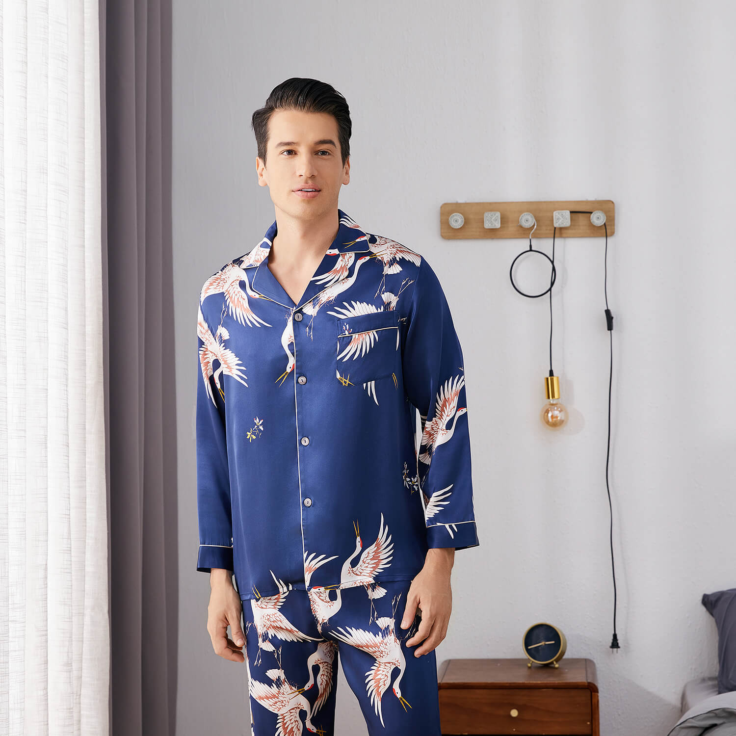 Men Crane Print Long Silk Pajamas Set Pure Silk Sleepwear Red XS