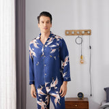 Men Crane Print Long Silk Pajamas Set Pure Silk Sleepwear Red XS