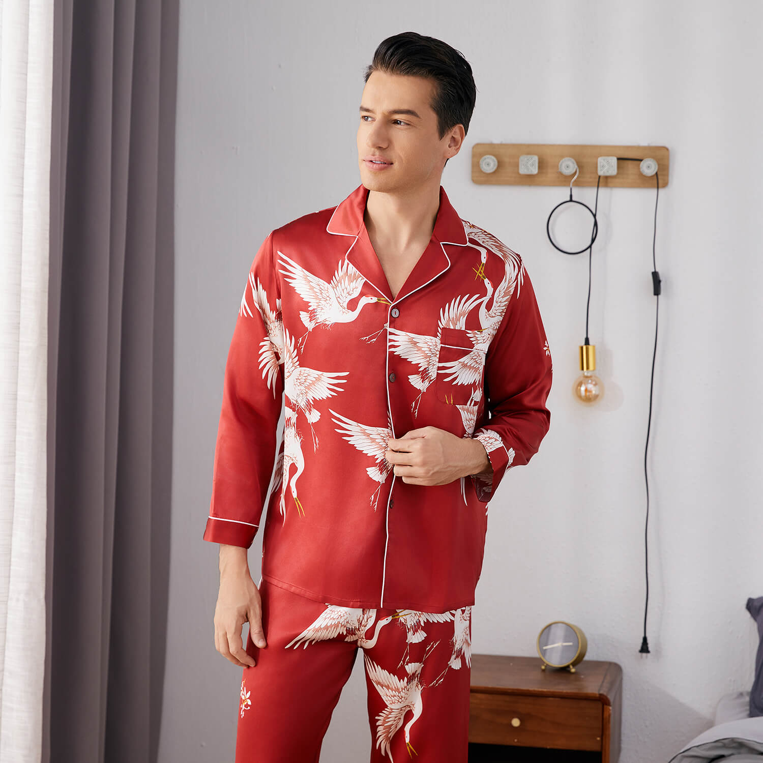 Men Crane Print Long Silk Pajamas Set Pure Silk Sleepwear Red S
