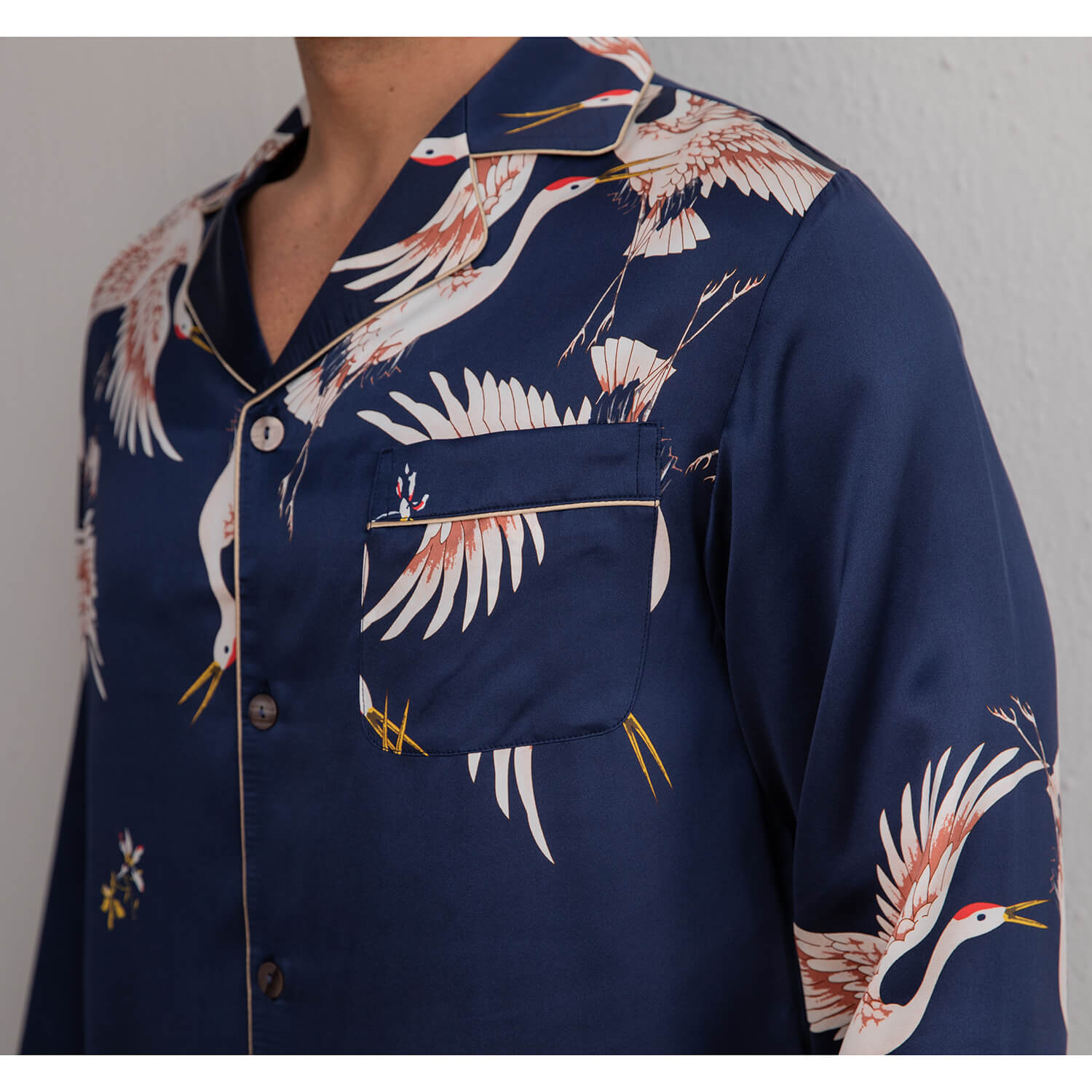 Men Crane Print Long Silk Pajamas Set Pure Silk Sleepwear Red XS